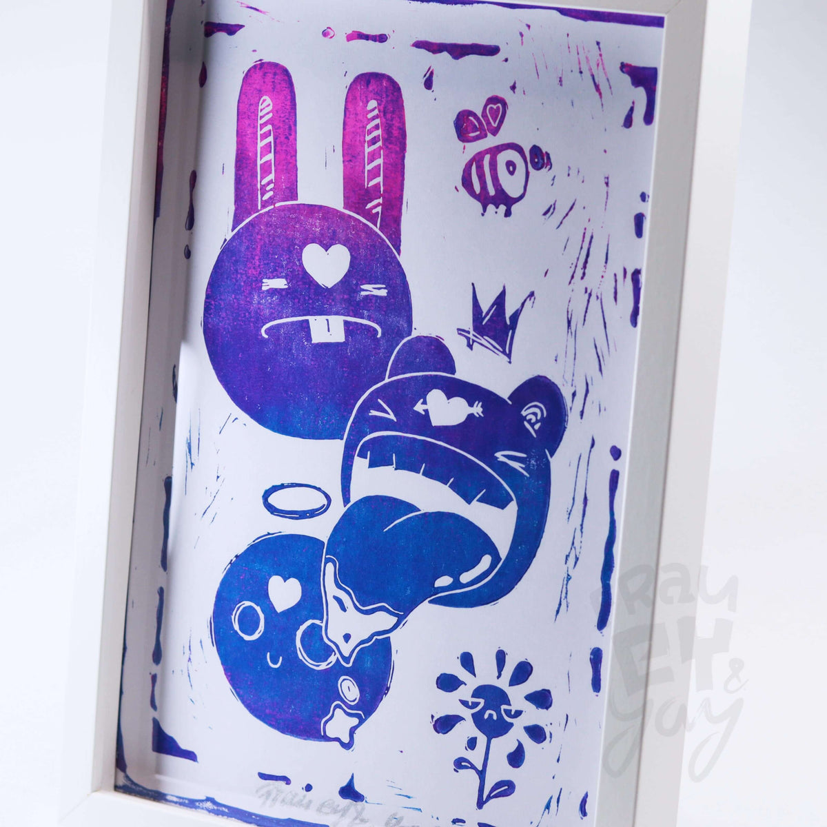 Linoldruck "Monsta" gerahmt, blau pink auf weiß