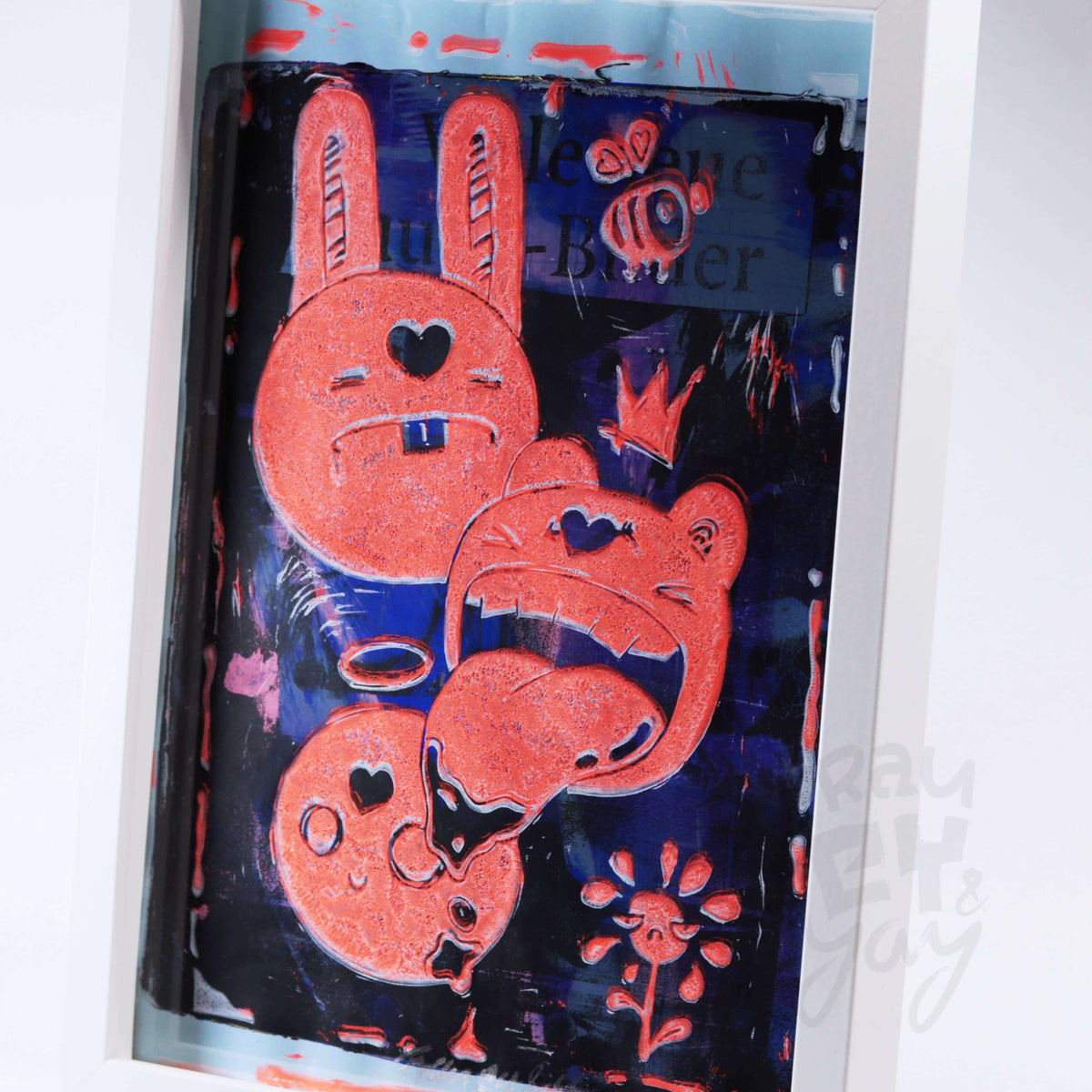 Linoldruck "Monsta" gerahmt, orange auf Gelli Plate Print
