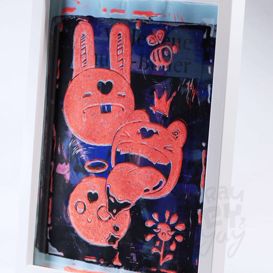 Linoldruck "Monsta" gerahmt, orange auf Gelli Plate Print
