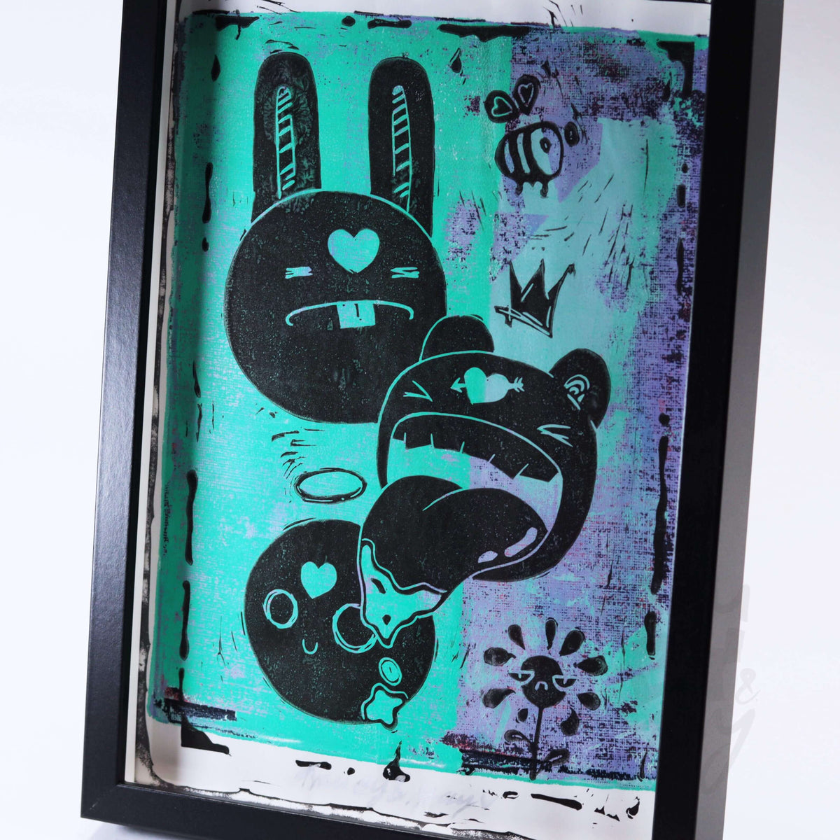 Linoldruck "Monsta" gerahmt, schwarz auf Gelli Plate Print