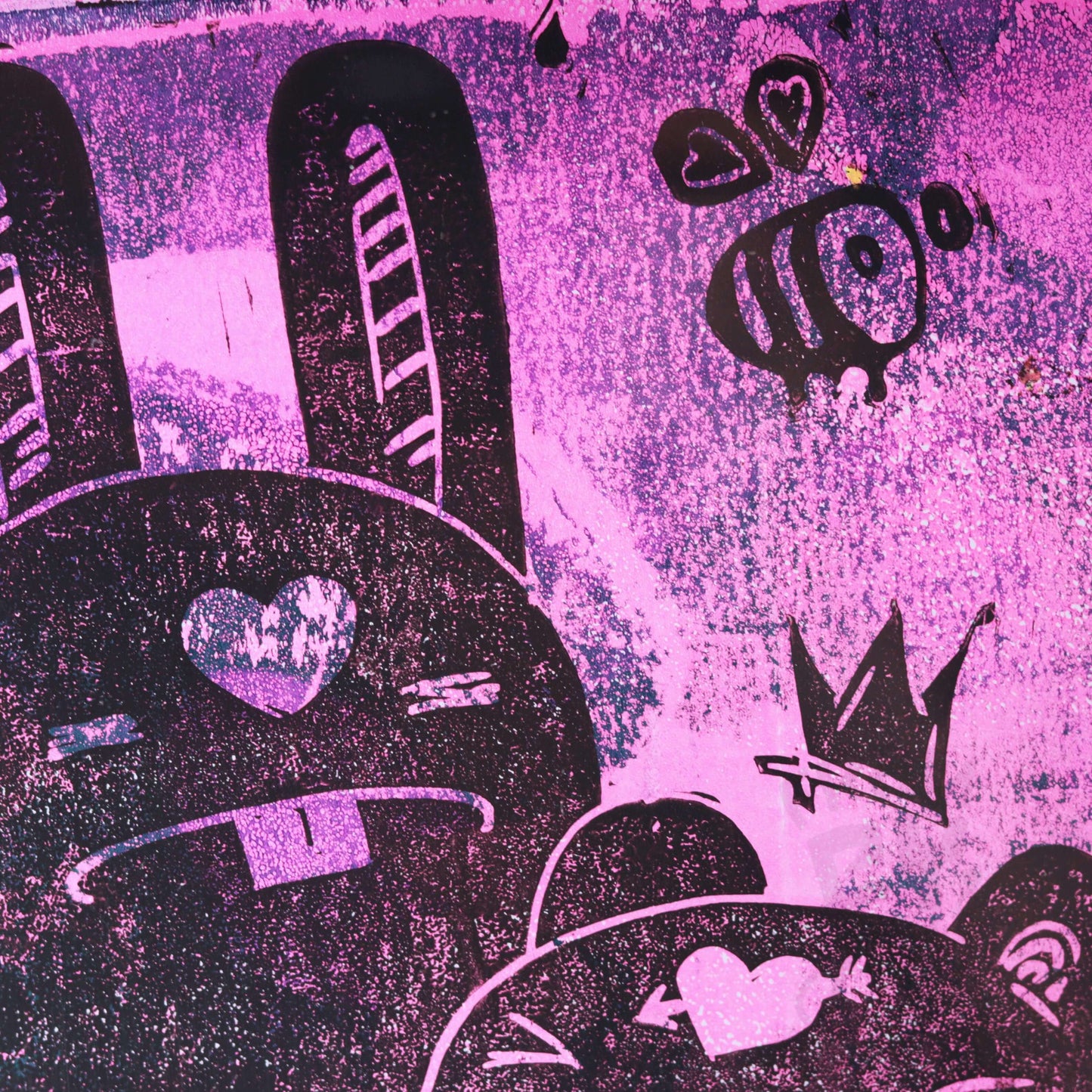 Linoldruck "Monsta" gerahmt, Motiv Pink-Schwarz
