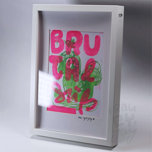 Linoldruck "Brutal Süß" gerahmt, Motiv Pink-Grün