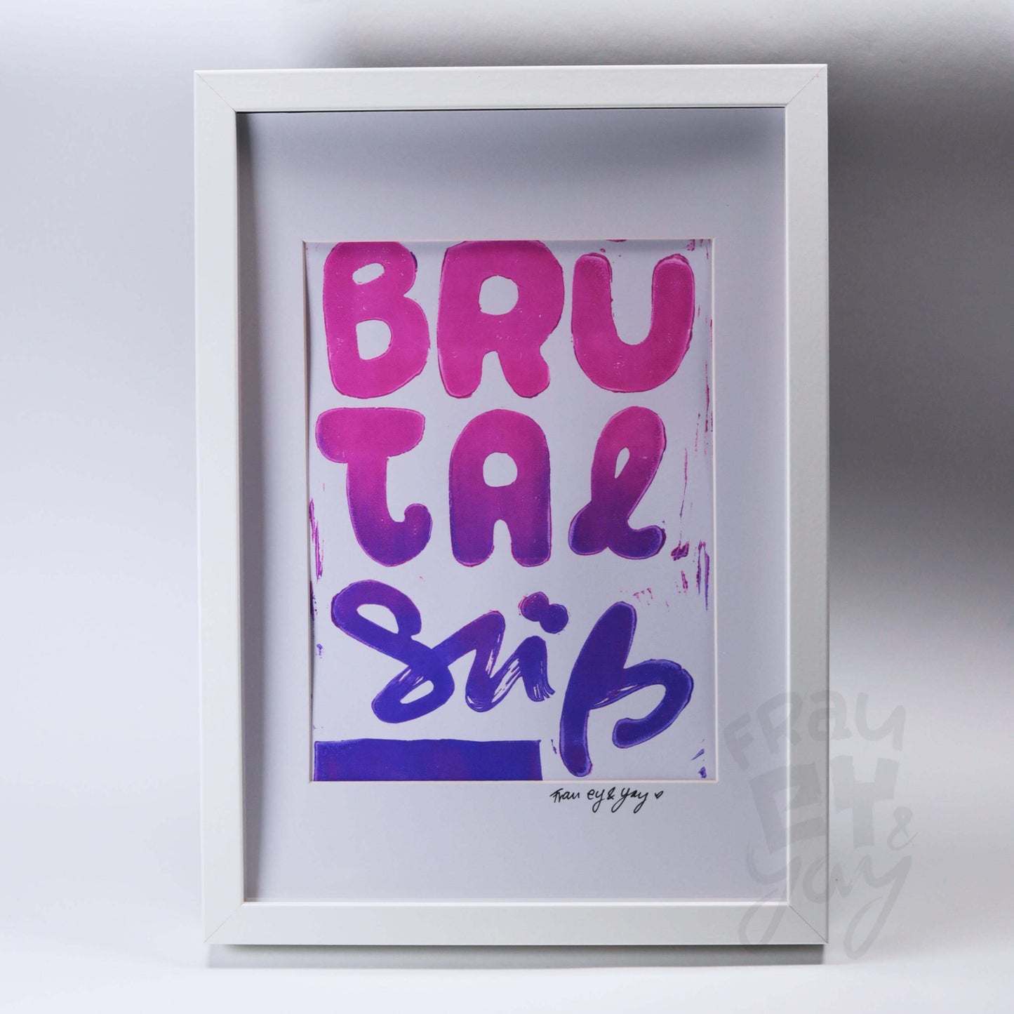 Linoldruck "Brutal Süß" gerahmt, Schriftzug Pink-Lila