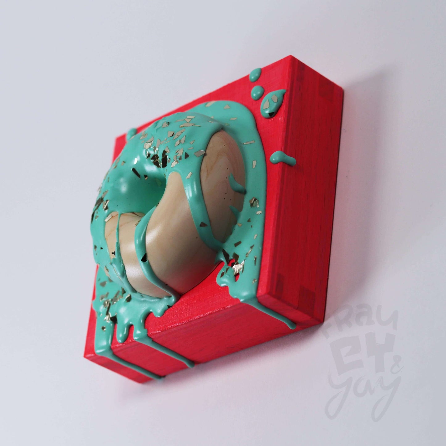 10×10×5,5 DonART mint neonrot auf Massivholz