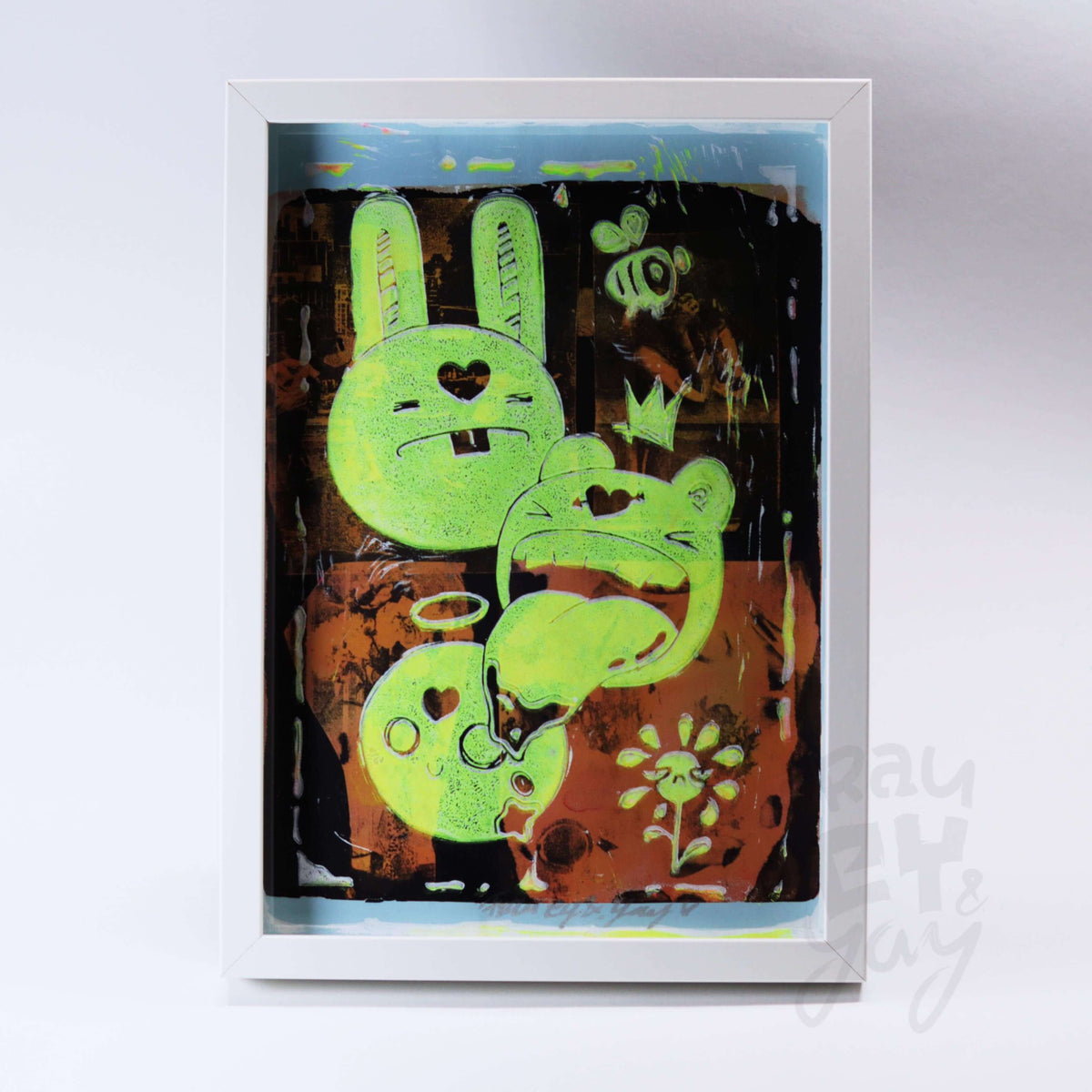 Linoldruck "Monsta" gerahmt, gelb auf Gelli Plate Print