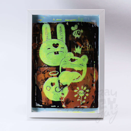 Linoldruck "Monsta" gerahmt, gelb auf Gelli Plate Print