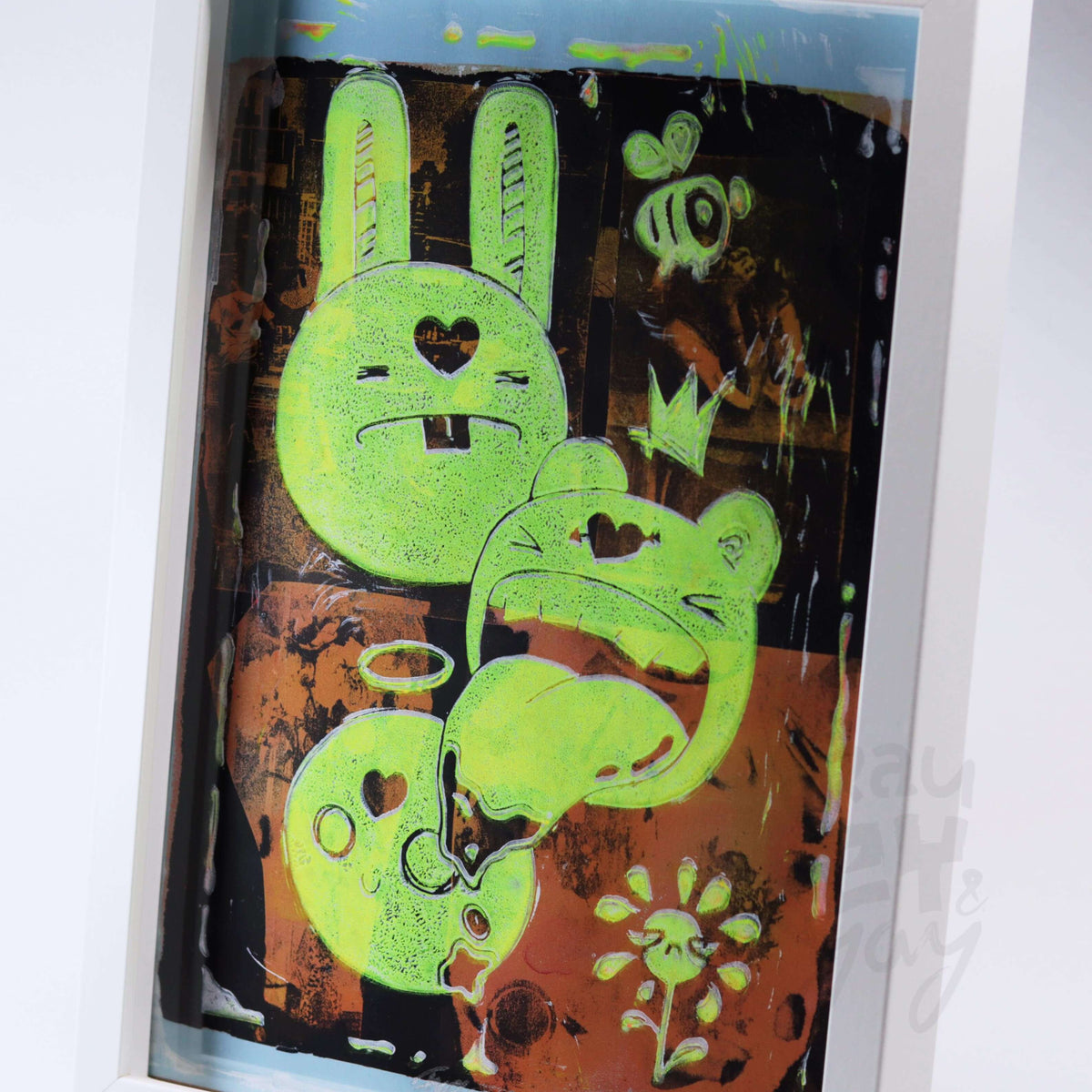 Linoldruck "Monsta" gerahmt, gelb auf Gelli Plate Print