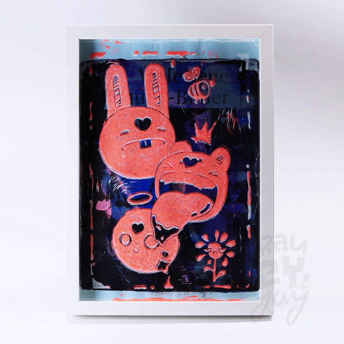 Linoldruck "Monsta" gerahmt, orange auf Gelli Plate Print