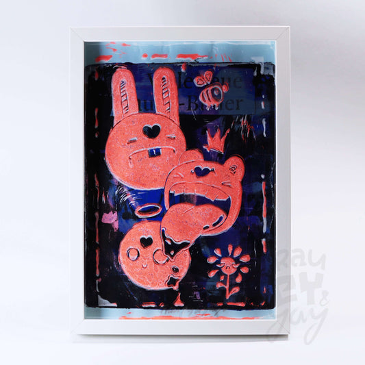Linoldruck "Monsta" gerahmt, orange auf Gelli Plate Print