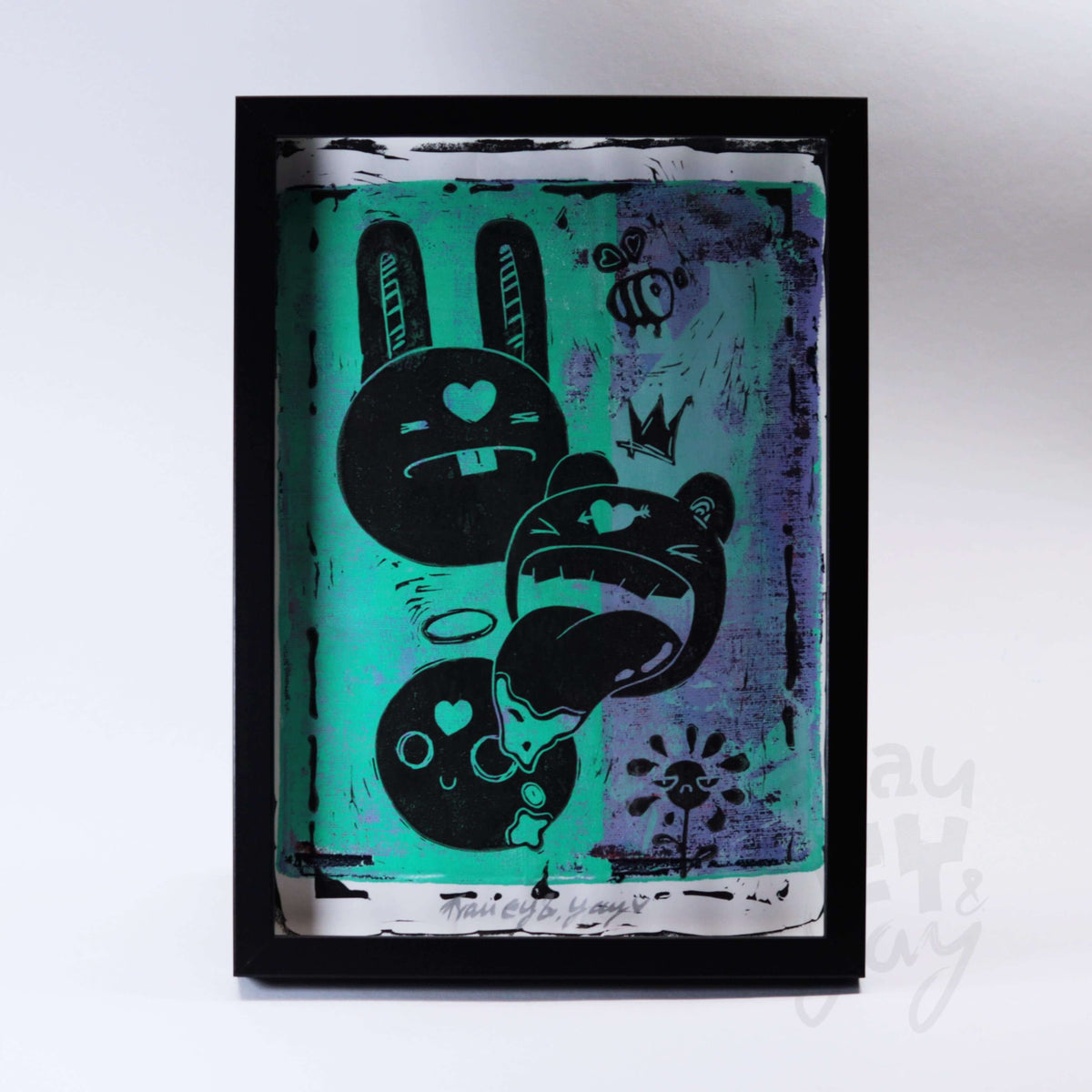 Linoldruck "Monsta" gerahmt, schwarz auf Gelli Plate Print