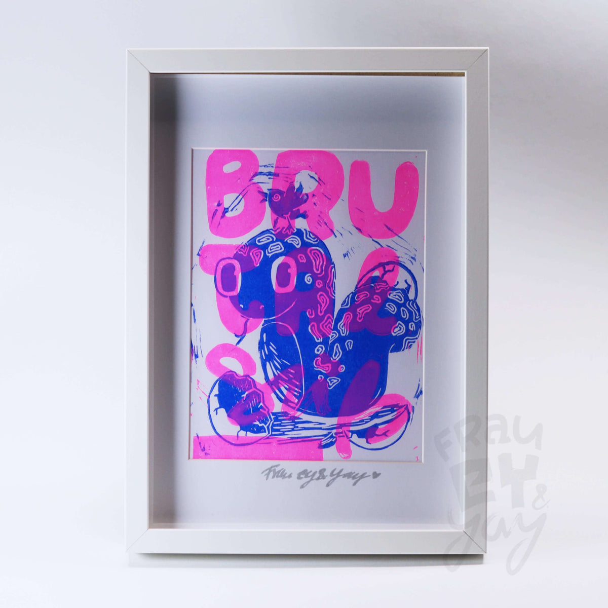 Linoldruck "Brutal Süß-Schlangi" gerahmt, blau pink