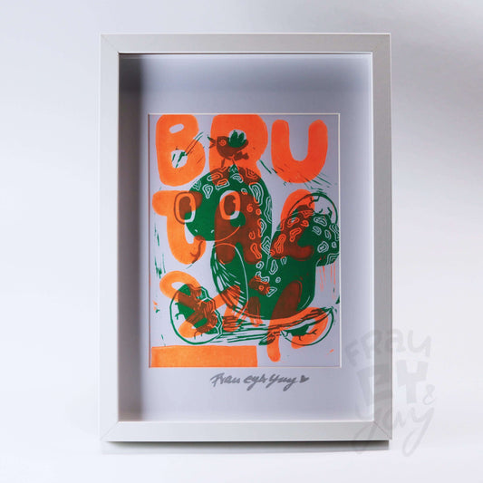 Linoldruck "Brutal Süß-Schlangi" gerahmt, grün orange