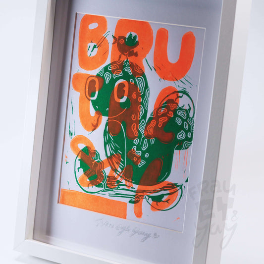 Linoldruck "Brutal Süß-Schlangi" gerahmt, grün orange