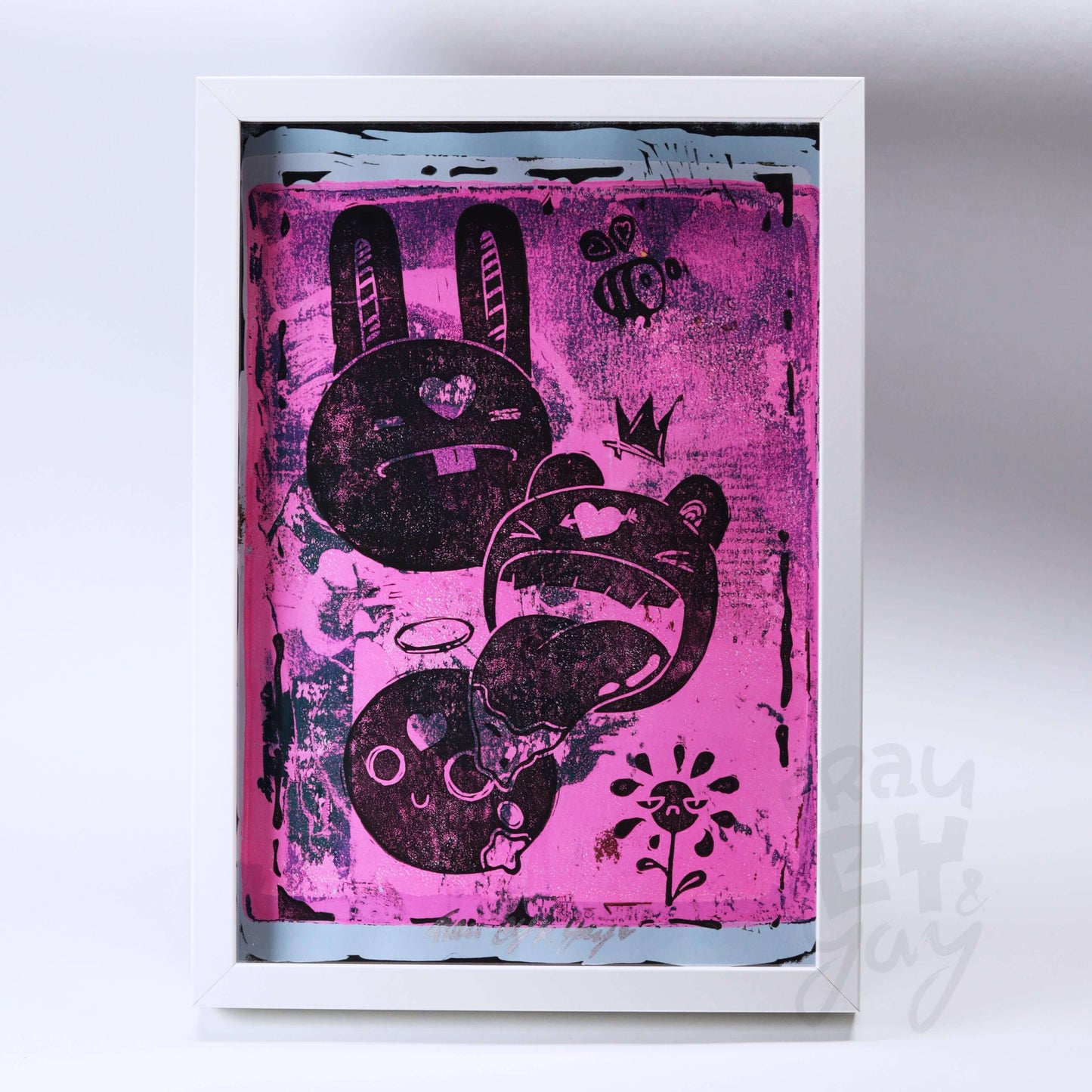 Linoldruck "Monsta" gerahmt, Motiv Pink-Schwarz
