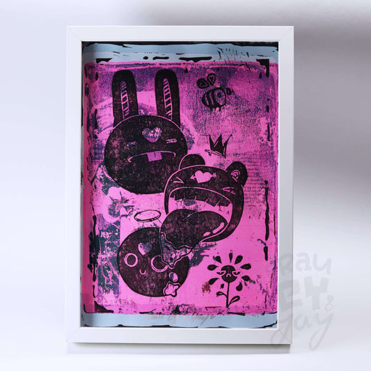 Linoldruck "Monsta" gerahmt, Motiv Pink-Schwarz