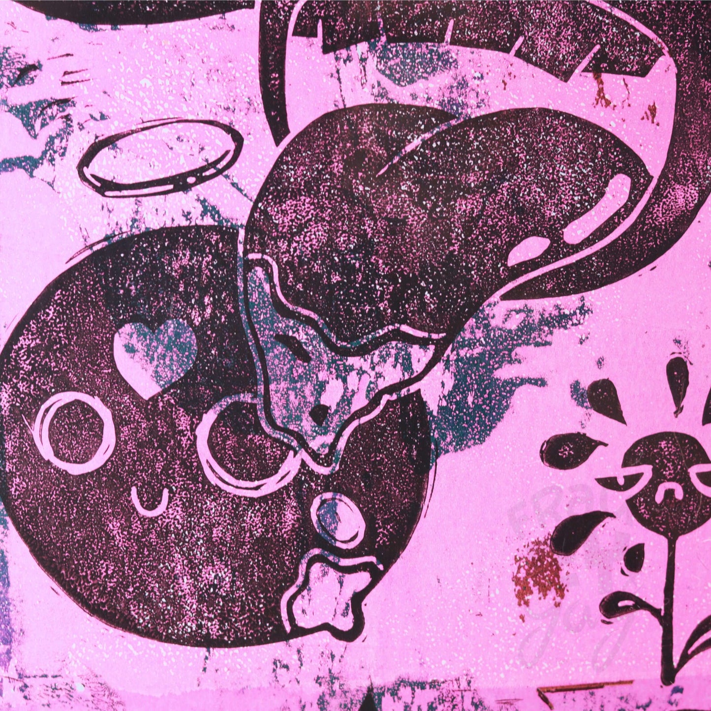 Linoldruck "Monsta" gerahmt, Motiv Pink-Schwarz