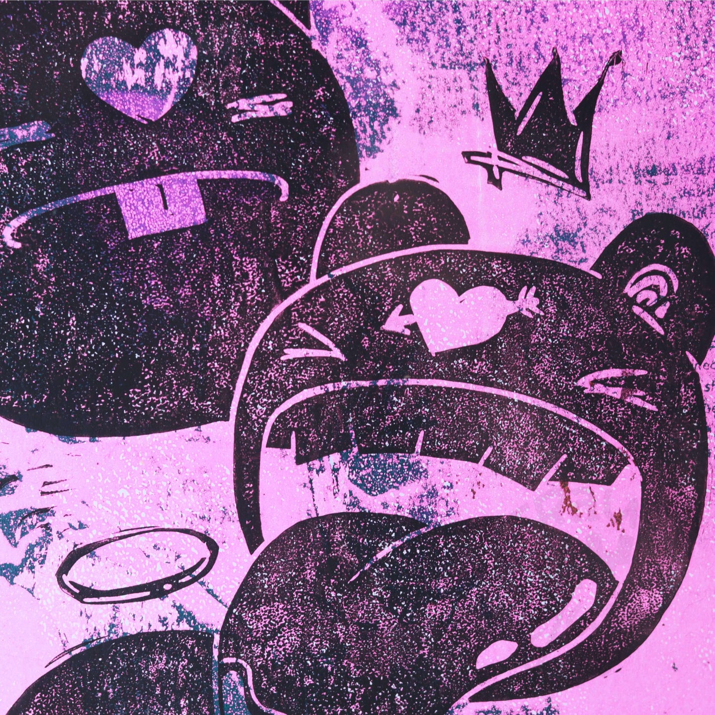 Linoldruck "Monsta" gerahmt, Motiv Pink-Schwarz
