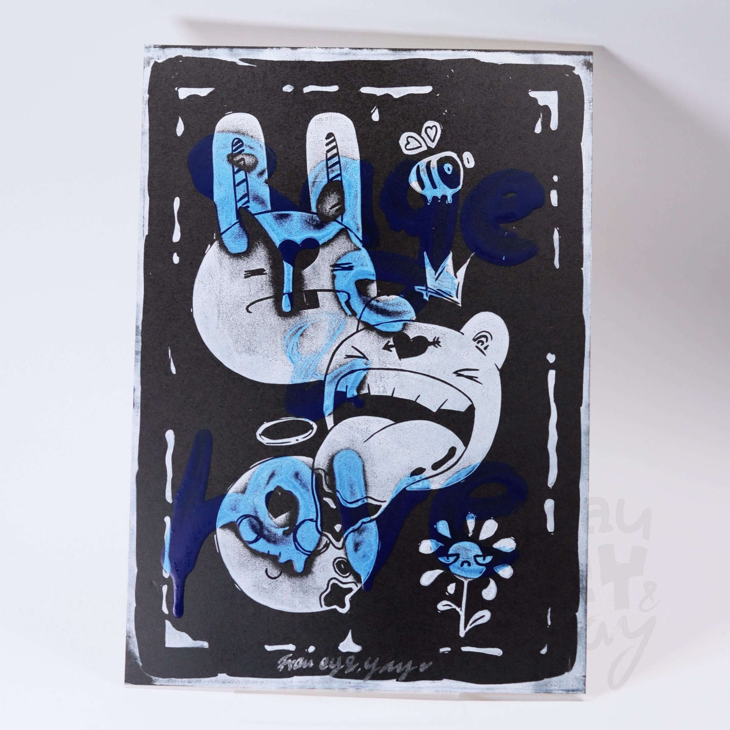 Linoldruck "Rage & Love" Motiv, weiß-blau auf schwarz
