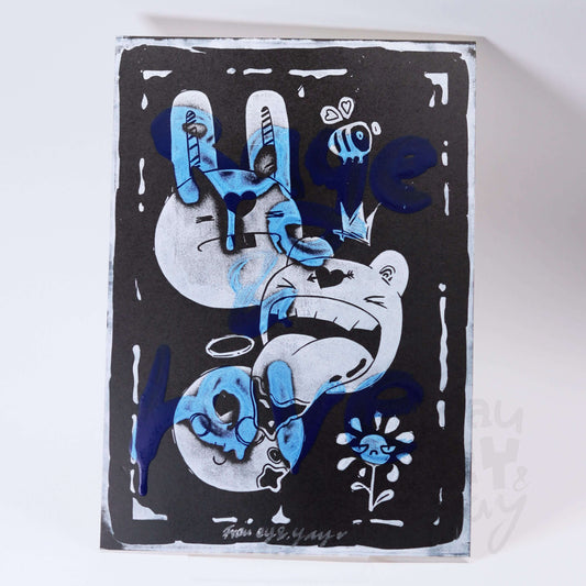 Linoldruck "Rage & Love" Motiv, weiß-blau auf schwarz