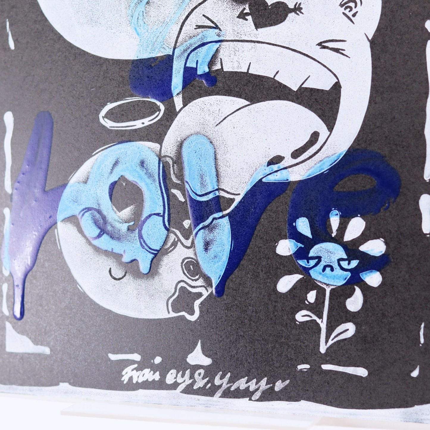 Linoldruck "Rage & Love" Motiv, weiß-blau auf schwarz