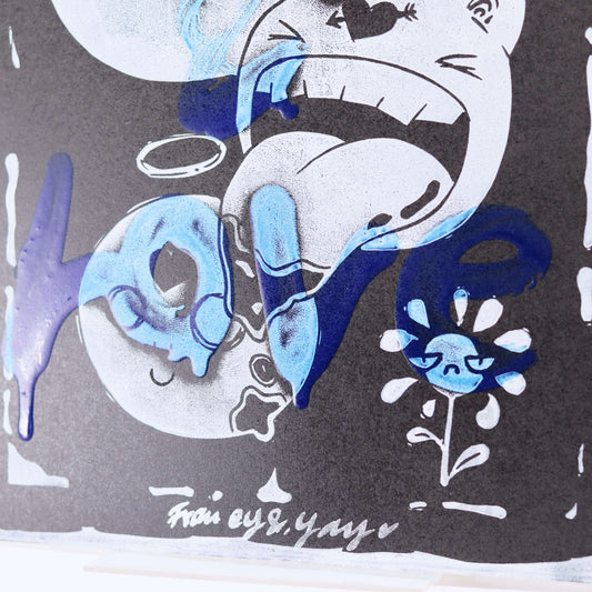 Linoldruck "Rage & Love" Motiv, weiß-blau auf schwarz