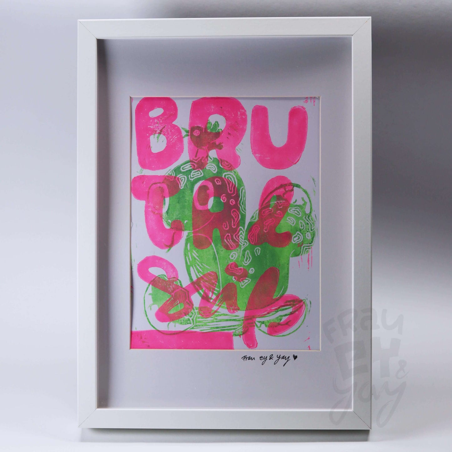 Linoldruck "Brutal Süß" gerahmt, Motiv Pink-Grün