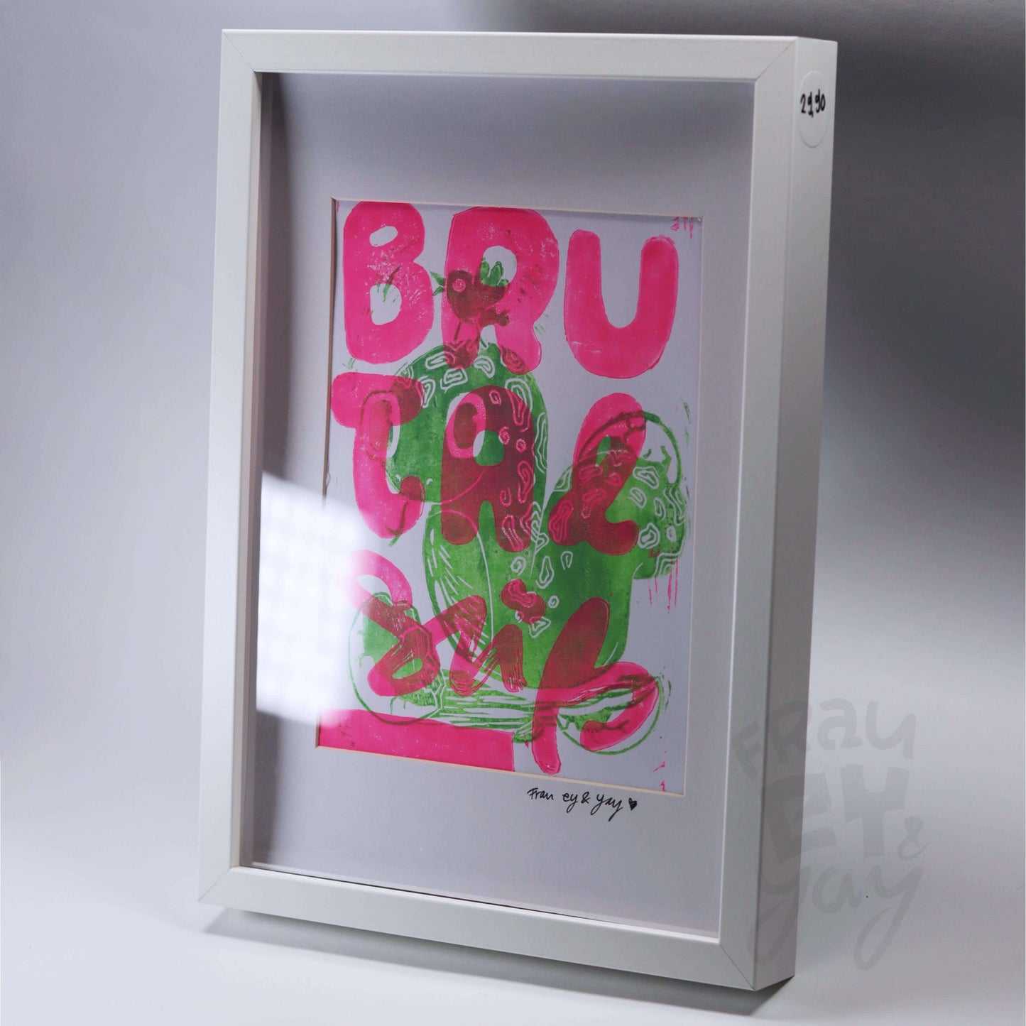 Linoldruck "Brutal Süß" gerahmt, Motiv Pink-Grün