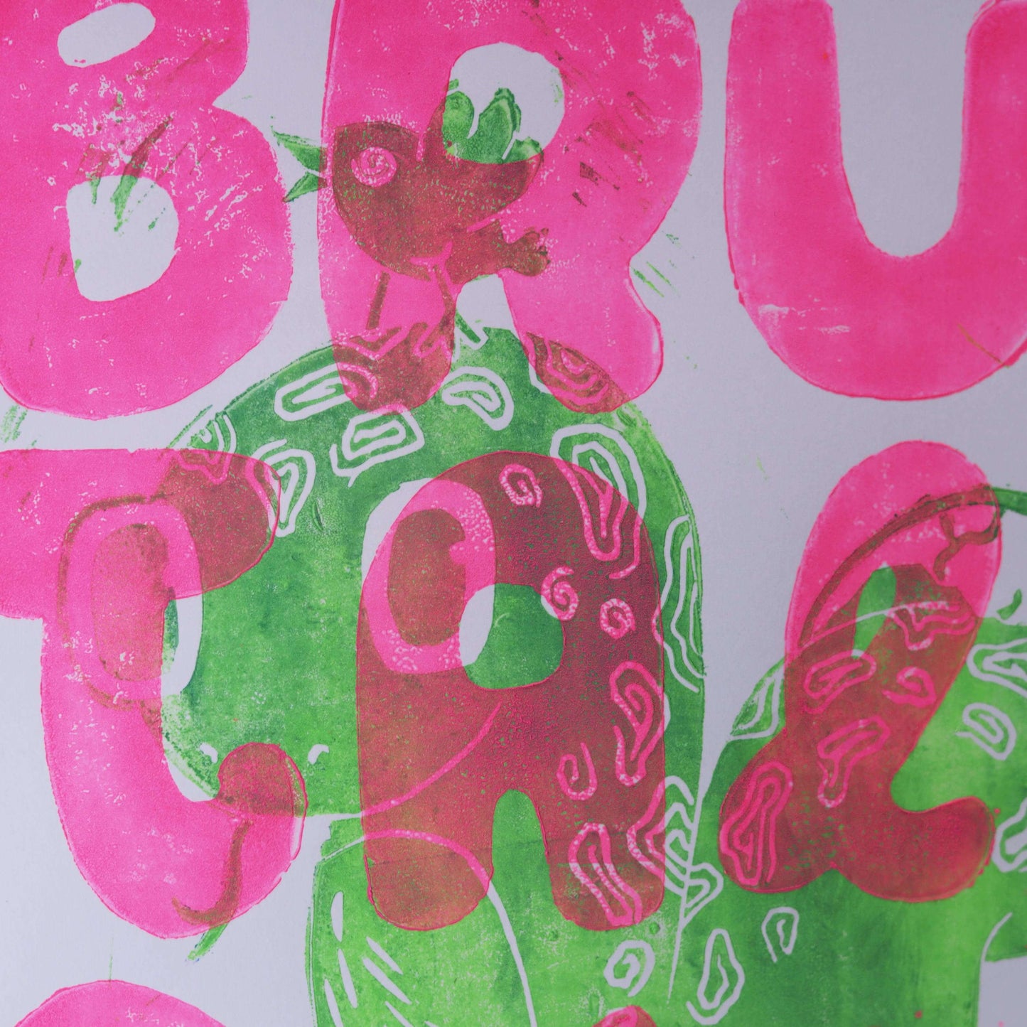 Linoldruck "Brutal Süß" gerahmt, Motiv Pink-Grün